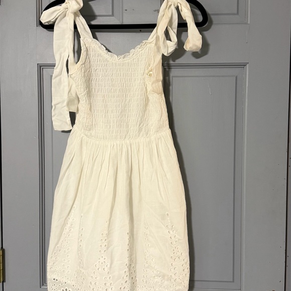 Altar'd State Dresses & Skirts - Altar’d State Cream Eyelet Midi Dress Smocked Bodice Tie Strap XS Cottagecore